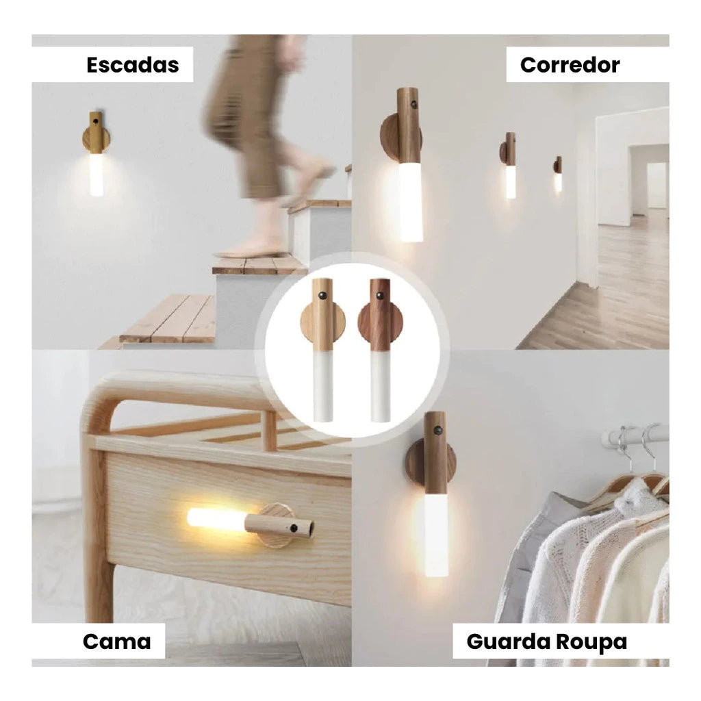 Luz de Parede Sensor com Base Magnética e USB – Madeira Acrílico Fosco