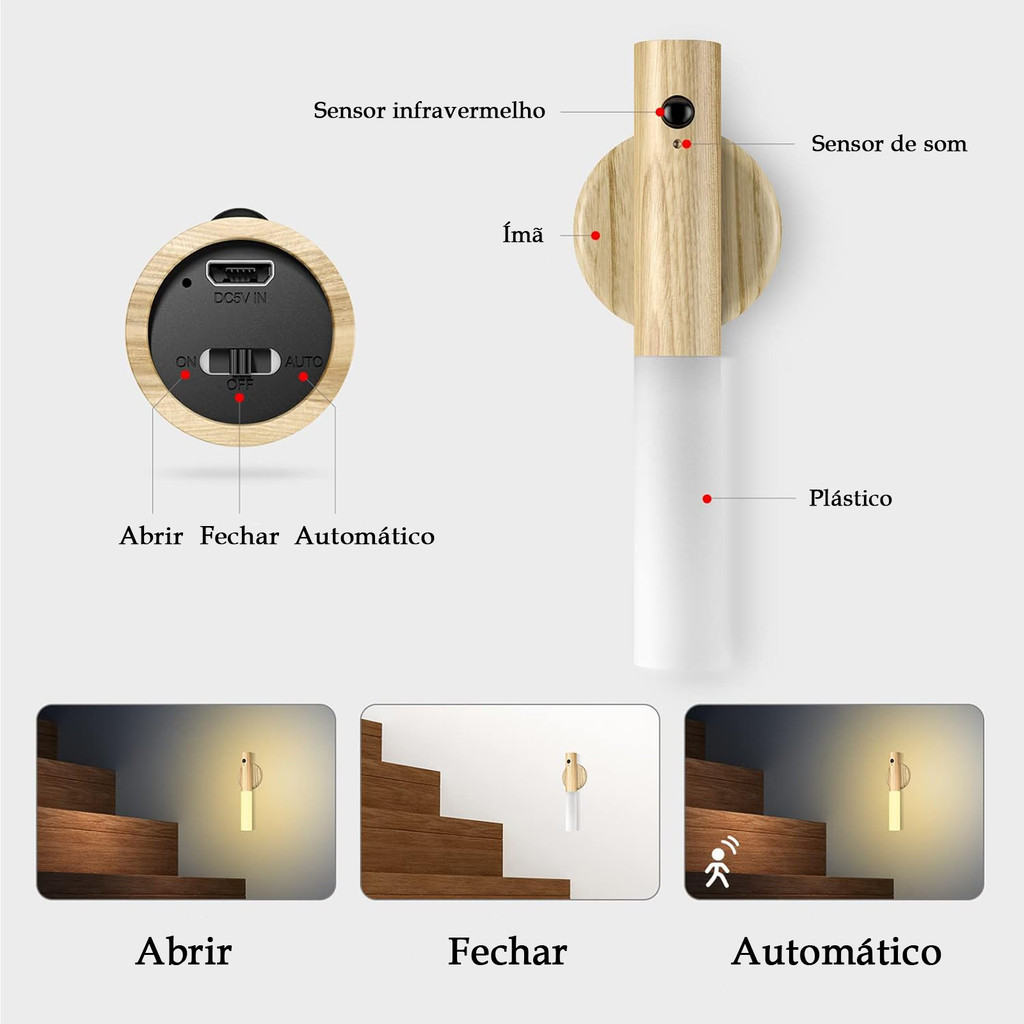 Luz Noturna LED Com Sensor Tipo-C Recarregável Madeira Magnética Sem Fio Luz Noturna Inteligente