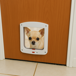Cachorro pequeno olhando pela portinha pet com trava 4 em 1 instalada em porta de madeira, ideal para ambientes internos.